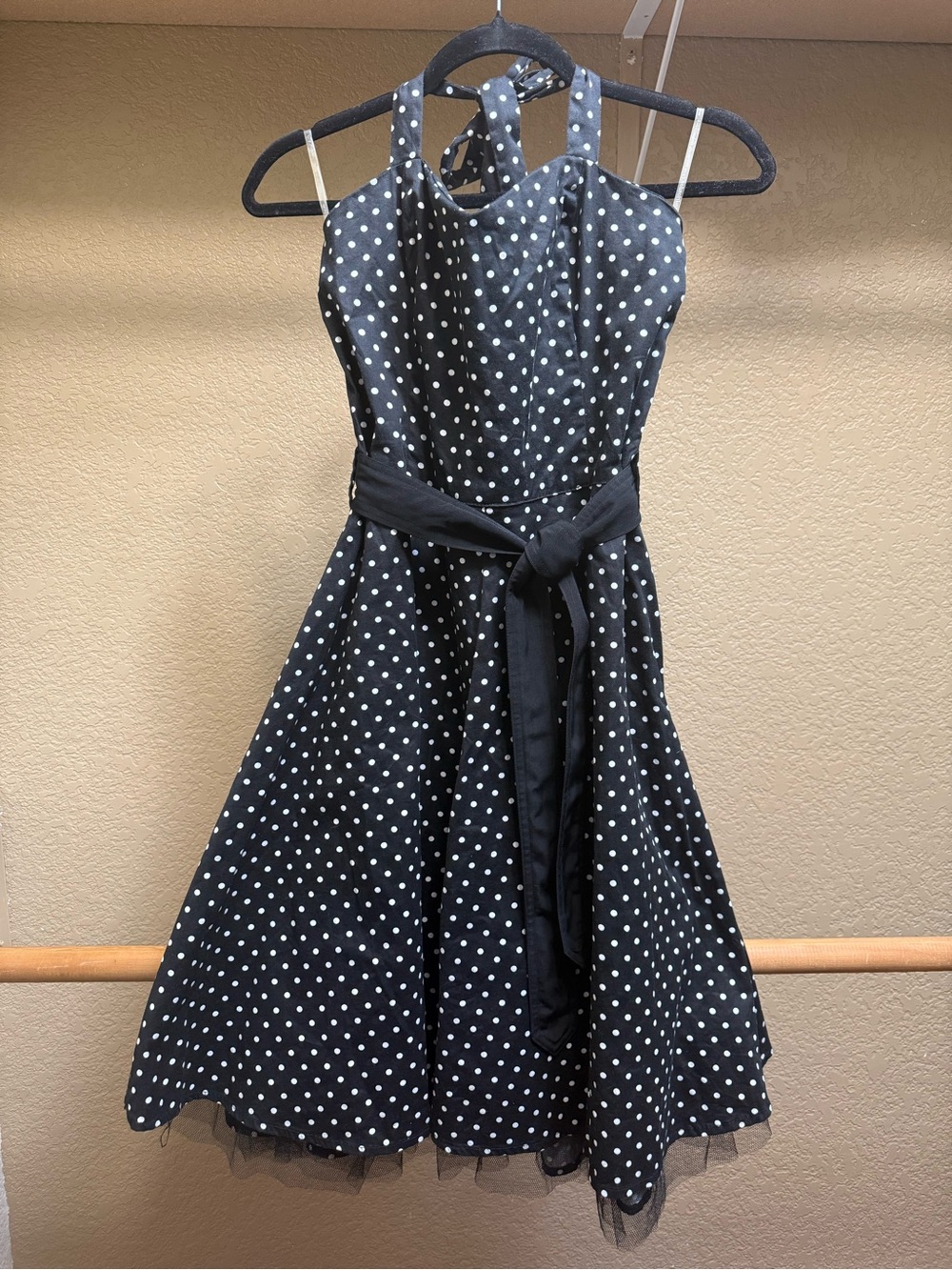Black Polka Dot Halter Midi Dress with Waist Tie